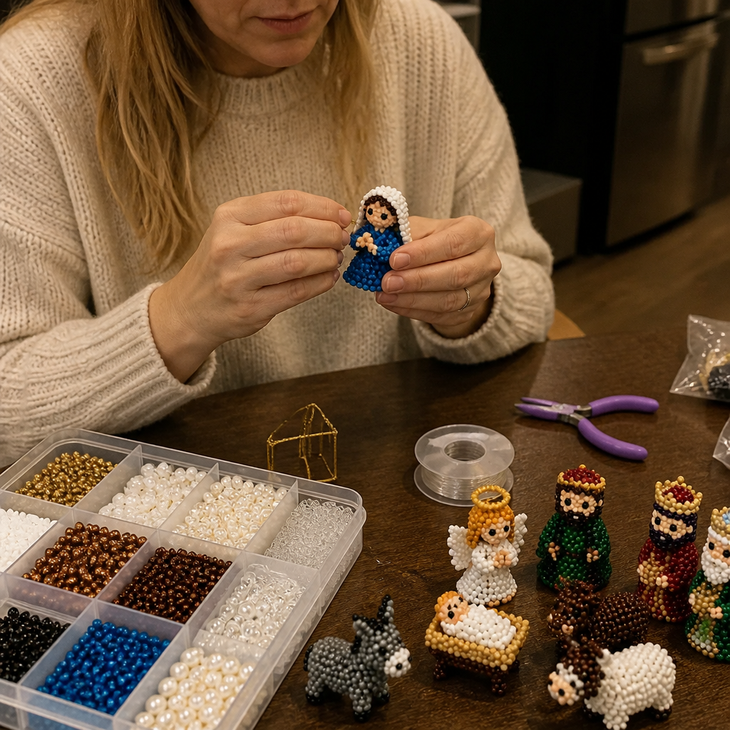 Threading beads onto a wire frame at the kitchen table
