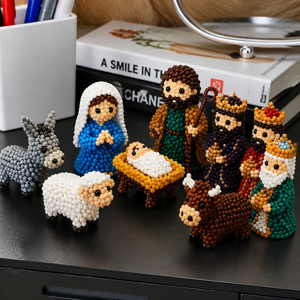 The finished beaded nativity scene displayed on a shelf